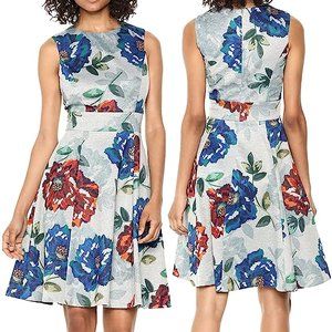 New! CALVIN KLEIN Brocade Floral Fit & Flare Grey Dress, Size 4